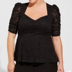 Like new Torrid Stretch Lace Cinched Elbow Sleeve Peplum Top Black 1X Sweetheart